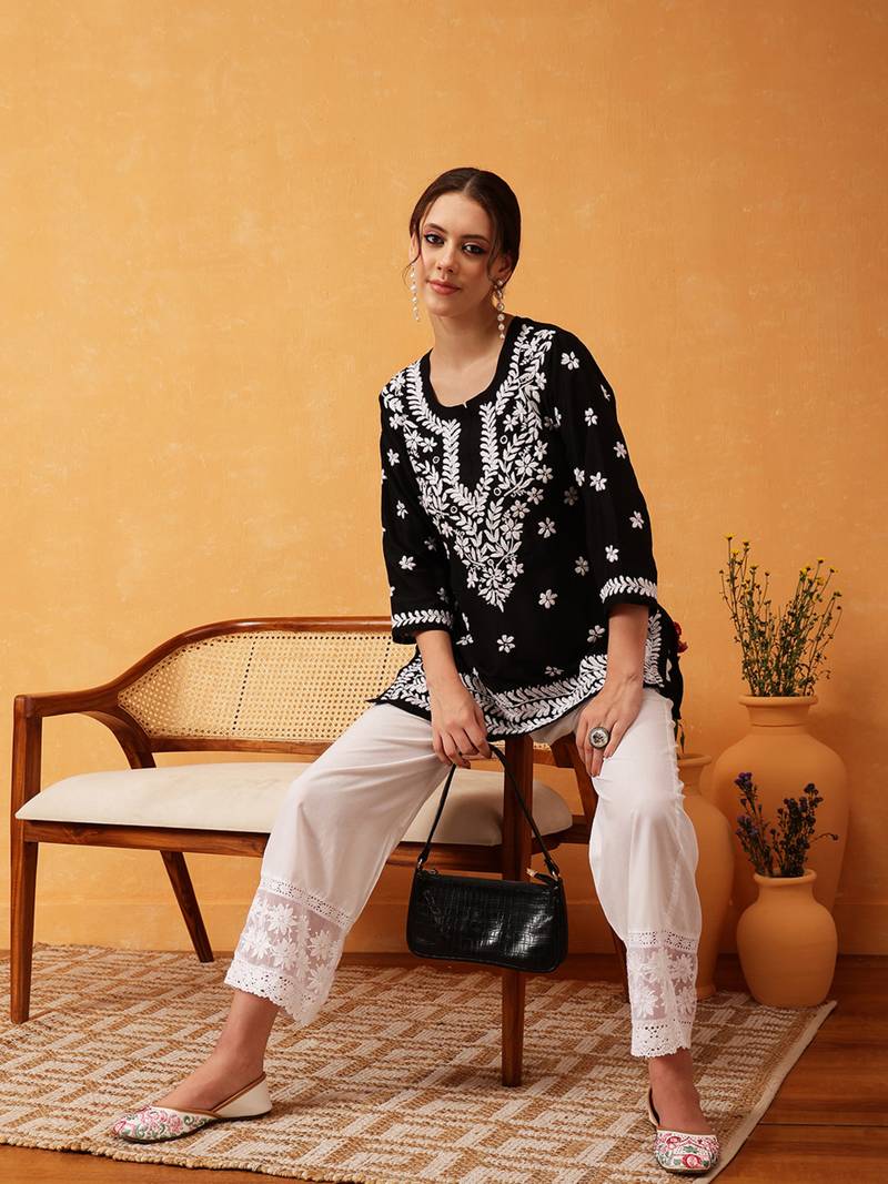 Hand Embroidered Black Muslin Lucknowi Chikankari Short Kurti 