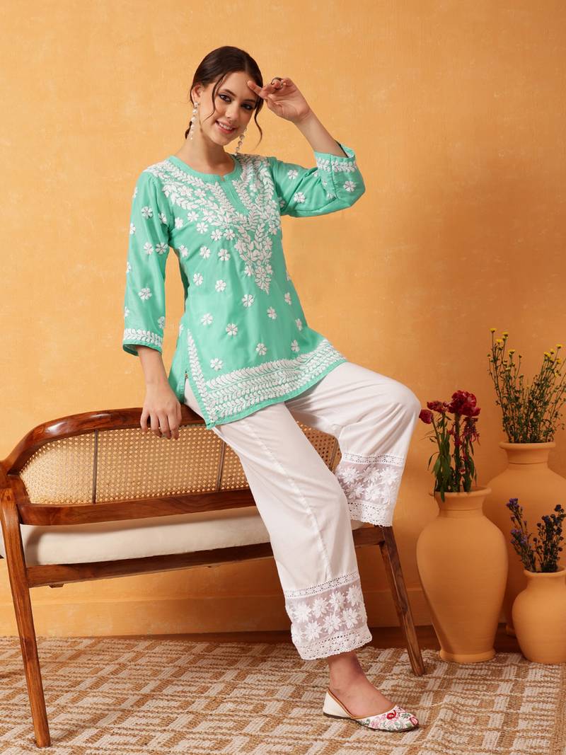 Hand Embroidered Sea Green Muslin Lucknowi Chikankari Short Kurti 