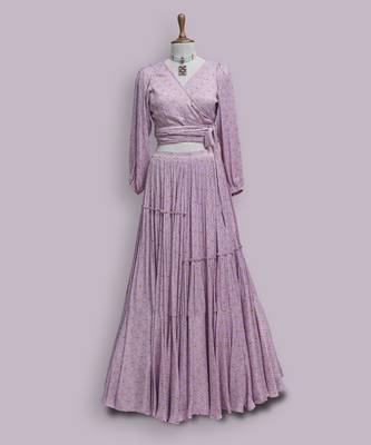 Lavender Viscose Satin Printed Skirt Set 1