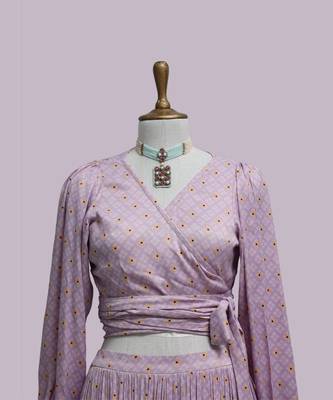 Lavender Viscose Satin Printed Skirt Set 2