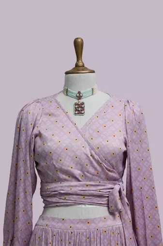 Lavender Viscose Satin Printed Skirt Set