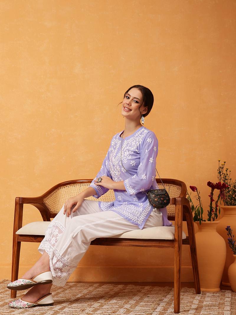 Hand Embroidered Mauve Muslin Lucknowi Chikankari Short Kurti 