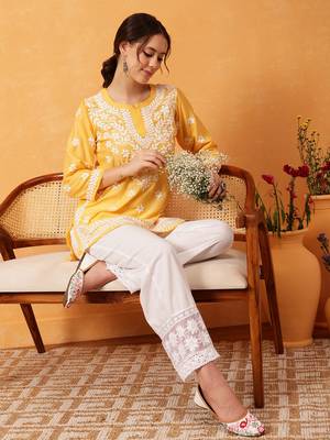 Hand Embroidered Yellow Muslin Lucknowi Chikankari Short Kurti  6