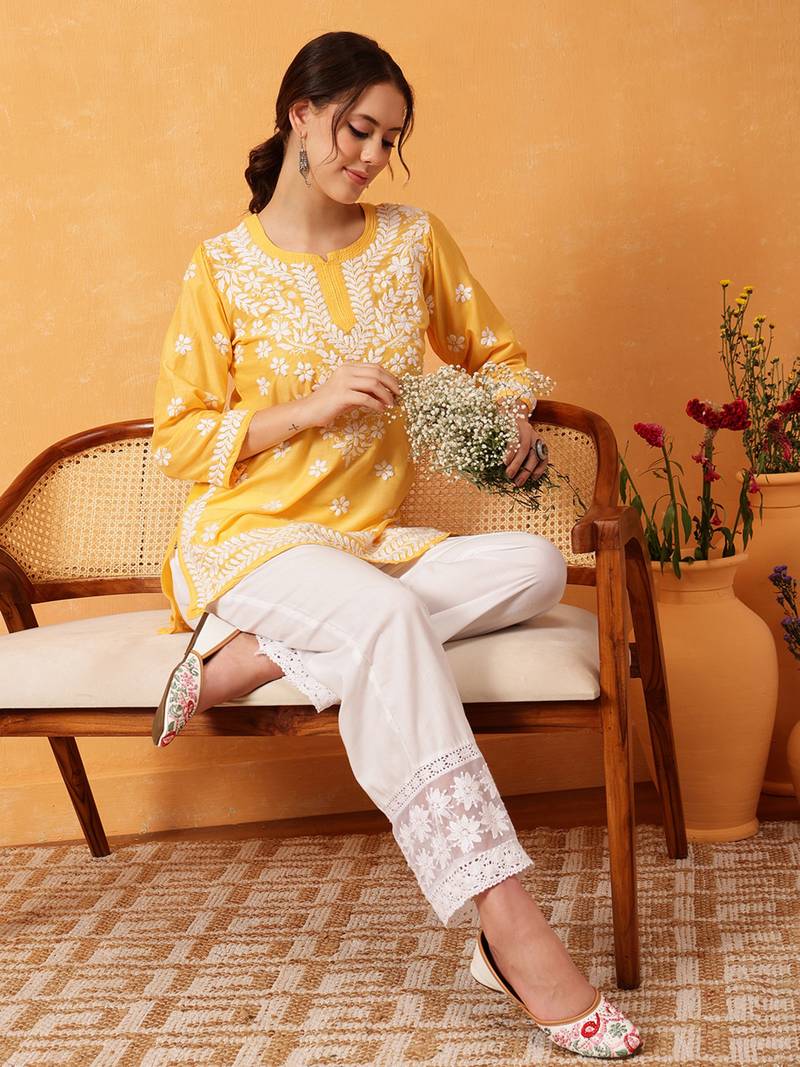 Hand Embroidered Yellow Muslin Lucknowi Chikankari Short Kurti 