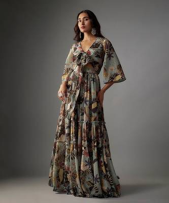 Ash Grey Georgette Digital Printed Skirt Set 1
