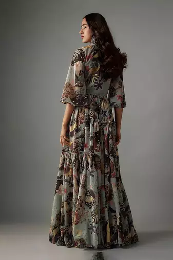 Ash Grey Georgette Digital Printed Skirt Set