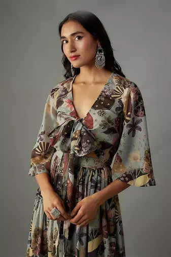 Ash Grey Georgette Digital Printed Skirt Set