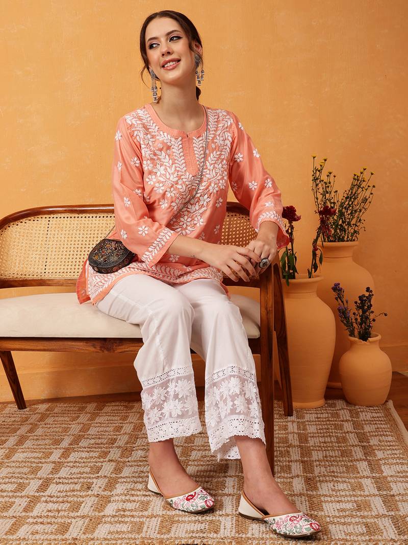 Hand Embroidered Peach Muslin Lucknowi Chikankari Short Kurti 