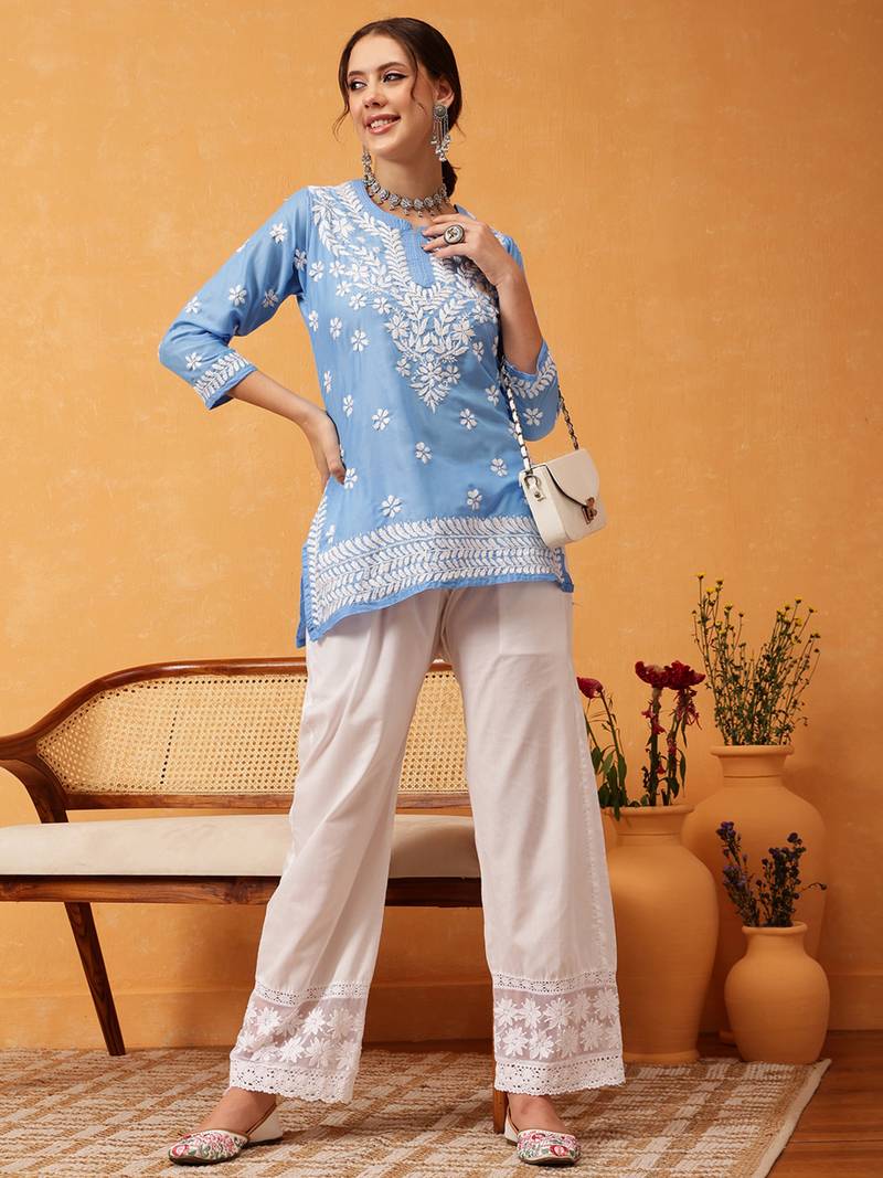 Hand Embroidered Ink Blue Muslin Lucknowi Chikankari Short Kurti 