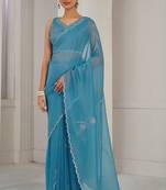 Designer teal blue sequin work crush silk saree with matching blouse piece