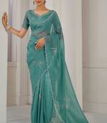Designer sea green sequin work crush silk saree with matching blouse piece