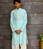 Blue cotton silk hand woven boys-kurta-pyjama