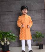 Yellow cotton silk printed boys-kurta-pyjama