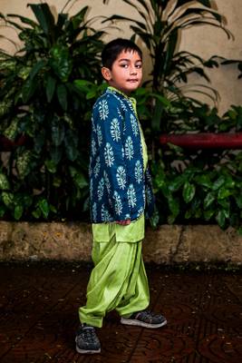 Green art silk printed boys-kurta-pyjama 1