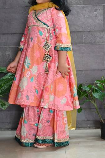 Pink cotton printed girls-top-bottom