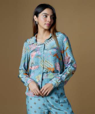 Pastel blue crepe printed & embroidered co-ord set 3