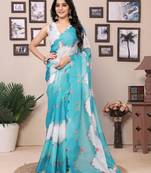 Ready To Wear Teal Kota Doriya Saree Embroidery Work Scallop Border Saree With Blouse