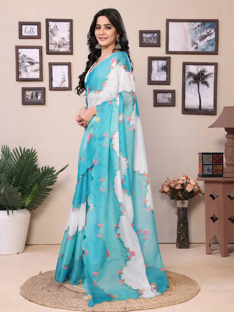 Ready To Wear Teal Kota Doriya Saree Embroidery Work Scallop Border Saree With Blouse