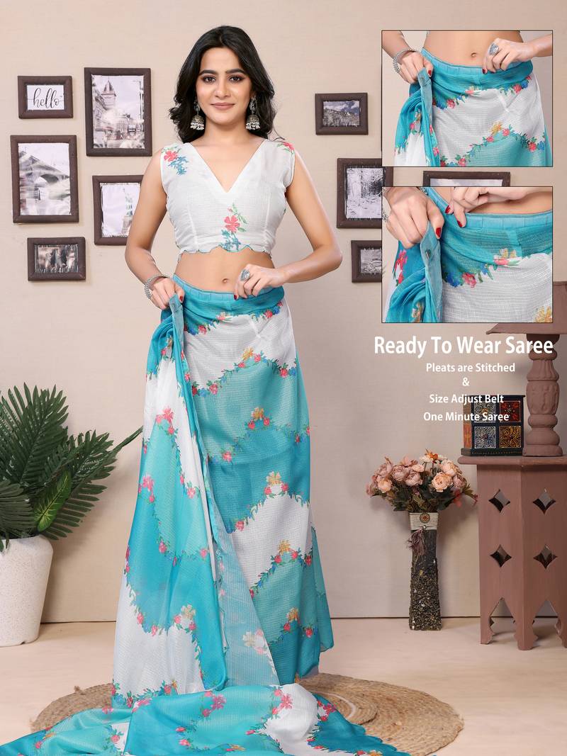 Ready To Wear Teal Kota Doriya Saree Embroidery Work Scallop Border Saree With Blouse