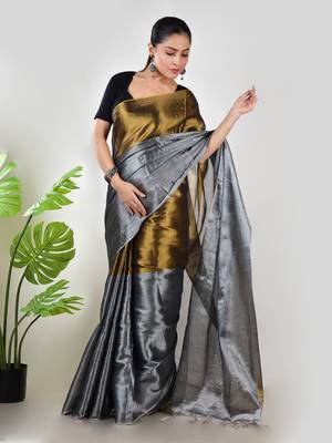 Aakar gold & silver handloom tissue saree with unstitched blouse piece 4