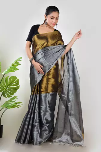 Aakar gold & silver handloom tissue saree with unstitched blouse piece