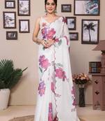 Ready To Wear White Kota Doriya Saree Embroidery Work Scallop Border Saree With Blouse