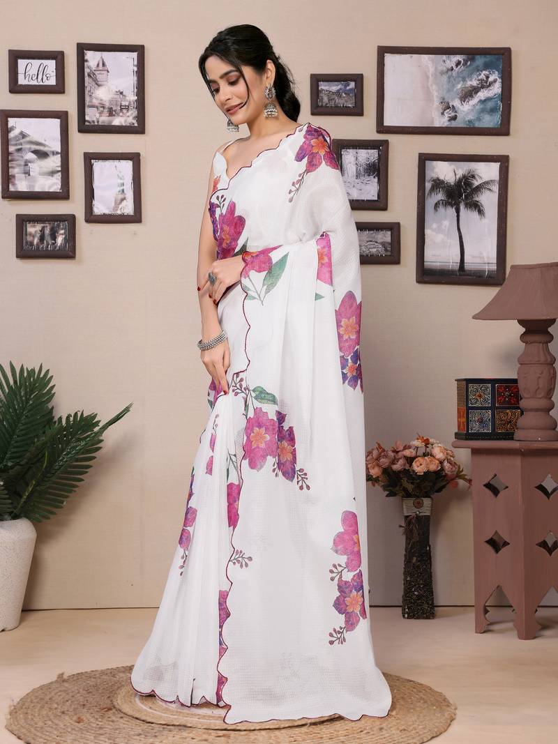 Ready To Wear White Kota Doriya Saree Embroidery Work Scallop Border Saree With Blouse