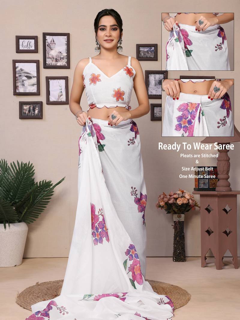 Ready To Wear White Kota Doriya Saree Embroidery Work Scallop Border Saree With Blouse