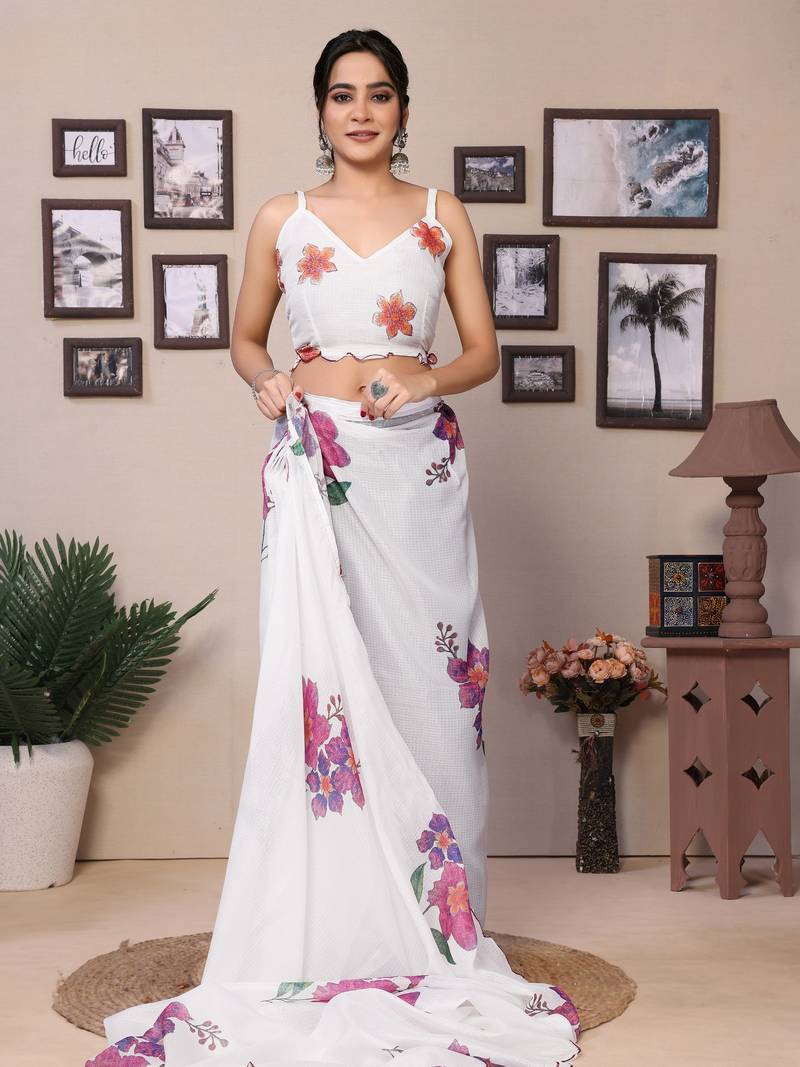 Ready To Wear White Kota Doriya Saree Embroidery Work Scallop Border Saree With Blouse