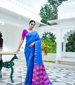Blue soft tussar silk with silver and copper zari weaving design saree with unstitched blouse