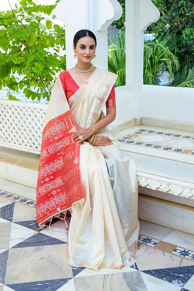 Cream soft tussar silk saree for women
