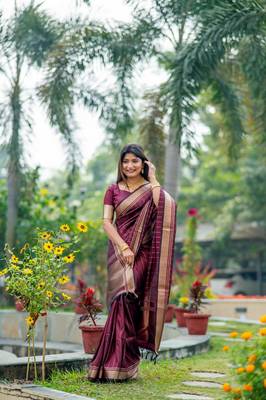 Maroon soft banarasi raw silk with zari weaving lining design saree with unstitched blouse 1