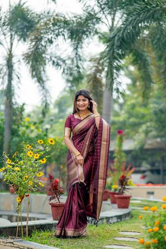 Maroon soft banarasi raw silk with zari weaving lining design saree with unstitched blouse