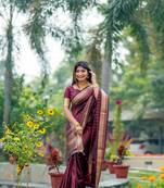 Maroon soft banarasi raw silk with zari weaving lining design saree with unstitched blouse