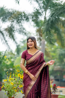 Maroon soft banarasi raw silk with zari weaving lining design saree with unstitched blouse 2