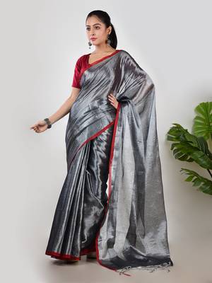 Aakar silver tissue saree with unstitched blouse piece 2