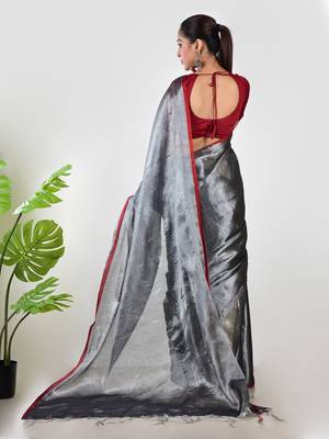 Aakar silver tissue saree with unstitched blouse piece 4