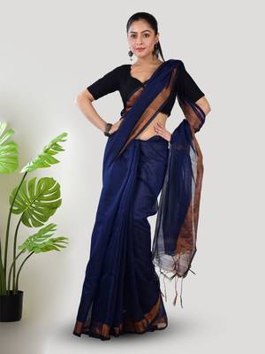 Aakar blue linen saree with unstitched blouse piece 1