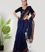 Aakar blue linen saree with unstitched blouse piece