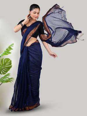 Aakar blue linen saree with unstitched blouse piece 2