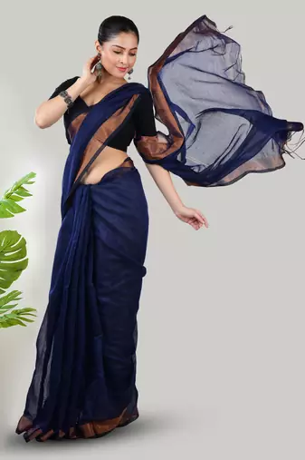 Aakar blue linen saree with unstitched blouse piece