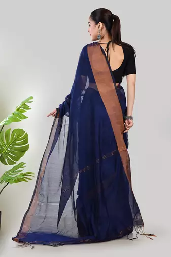 Aakar blue linen saree with unstitched blouse piece