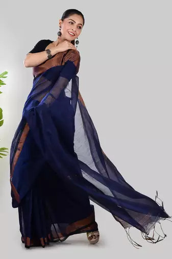 Aakar blue linen saree with unstitched blouse piece