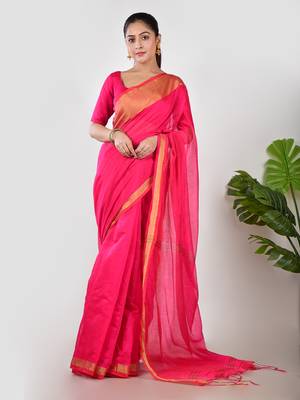 Aakar pink linen saree with unstitched blouse piece 1