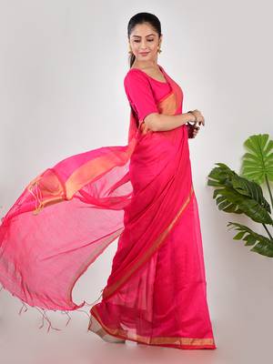Aakar pink linen saree with unstitched blouse piece 2
