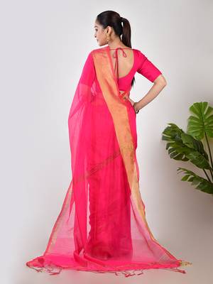 Aakar pink linen saree with unstitched blouse piece 3