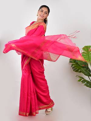 Aakar pink linen saree with unstitched blouse piece 4