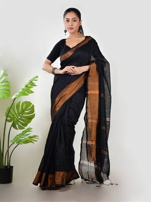 Aakar black linen saree with unstitched blouse piece 1