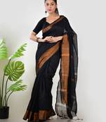 Aakar black linen saree with unstitched blouse piece