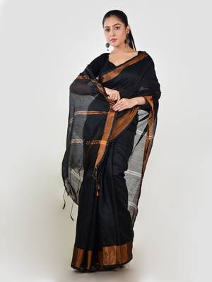 Aakar black linen saree with unstitched blouse piece 2